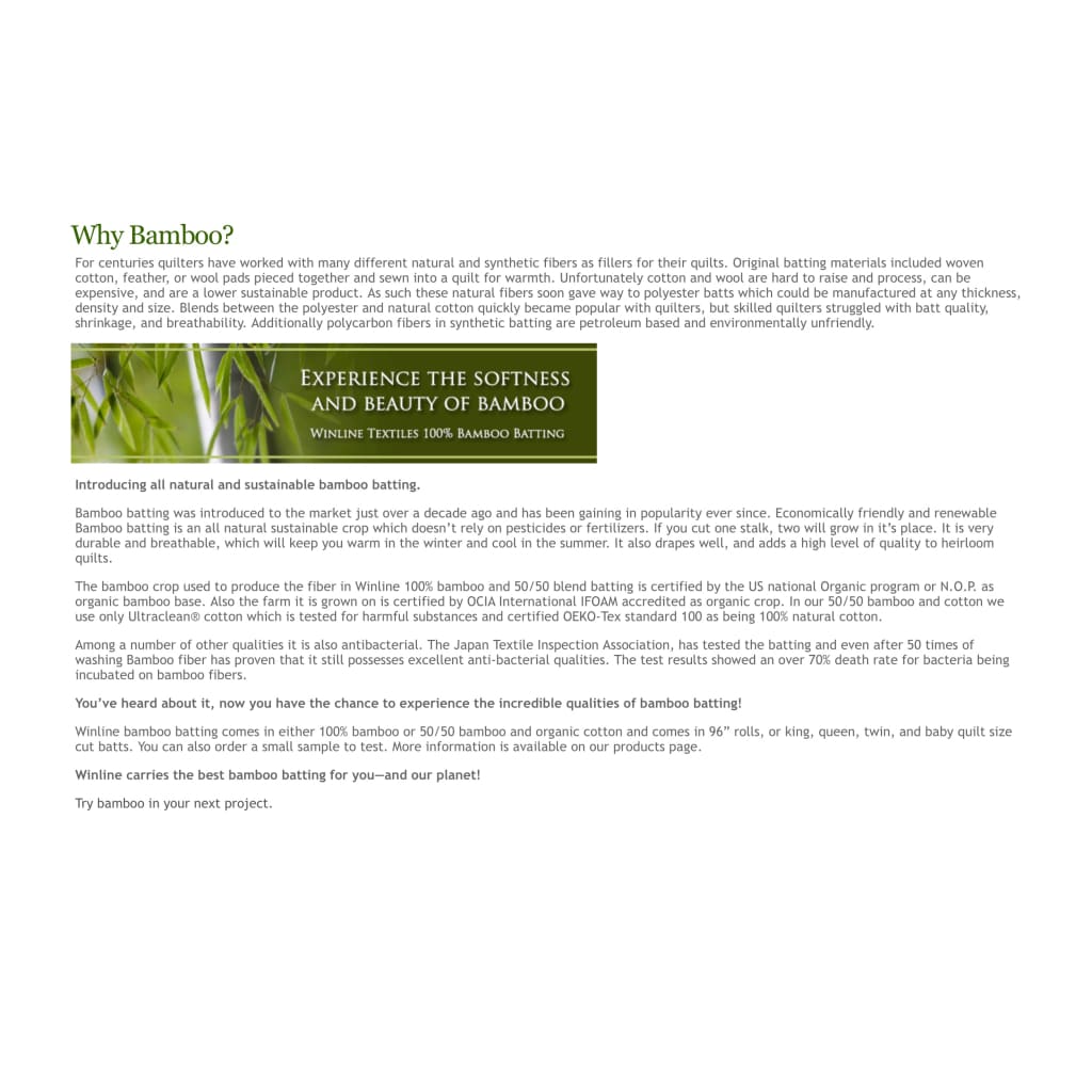 100% Bamboo Batting from Winline Textiles - Fabric