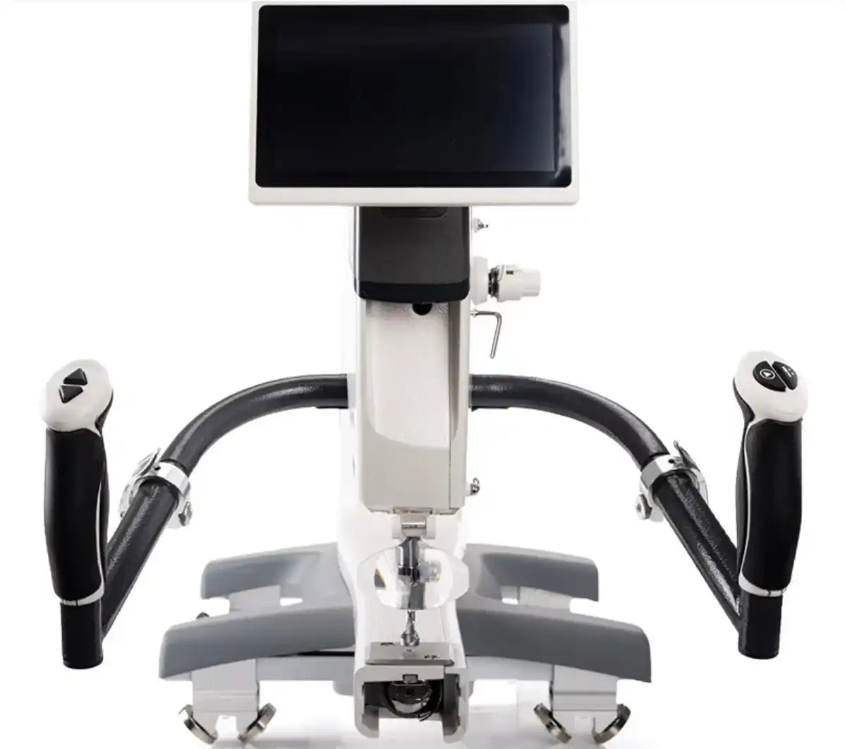 Robotic surgical system with dual control handles and a display screen mounted above.